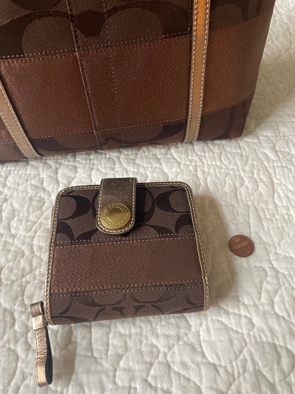 Coach Brown Signature Canvas Tote with Matching Brown Wallet and Gold-Tone Charm - Picture 5 of 7